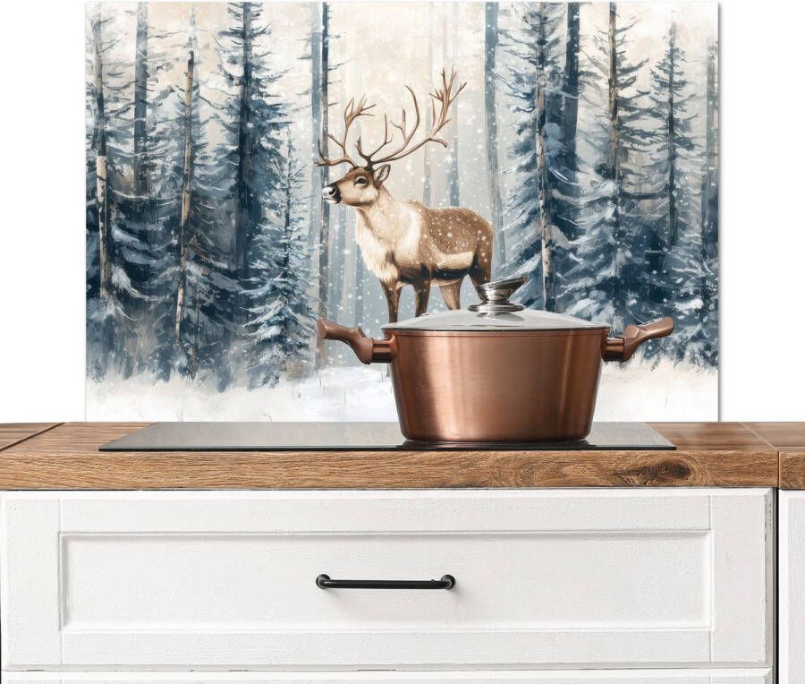 KitchenYeah Spatscherm keuken 80x55 cm Kookplaat achterwand Rendier Sneeuw Woud Wit Muurbeschermer Spatwand fornuis Hoogwaardig aluminium