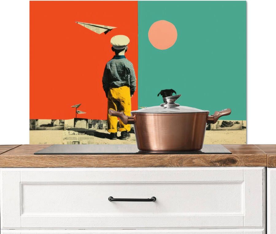 KitchenYeah Spatscherm keuken 80x55 cm Kookplaat achterwand Retro Jongen Hond Rood Groen Muurbeschermer Spatwand fornuis Hoogwaardig aluminium