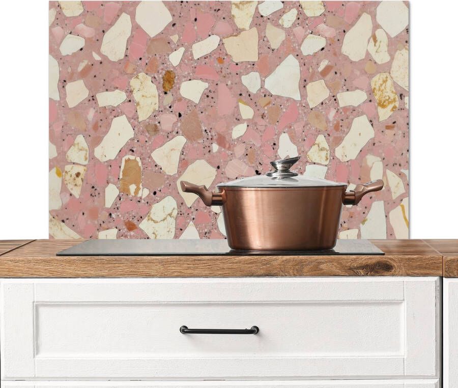 KitchenYeah Spatscherm keuken 80x55 cm Kookplaat achterwand Roze Decoratie Stenen Terrazzo Muurbeschermer Spatwand fornuis Hoogwaardig aluminium