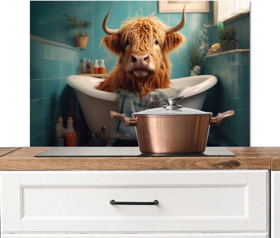 KitchenYeah Spatscherm keuken 80x55 cm Kookplaat achterwand Schotse hooglander Badkamer Blauw Bad Muurbeschermer Spatwand fornuis Hoogwaardig aluminium