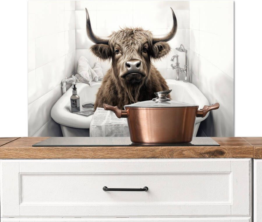 KitchenYeah Spatscherm keuken 80x55 cm Kookplaat achterwand Schotse hooglander Badkuip Badkamer Krant Muurbeschermer Spatwand fornuis Hoogwaardig aluminium
