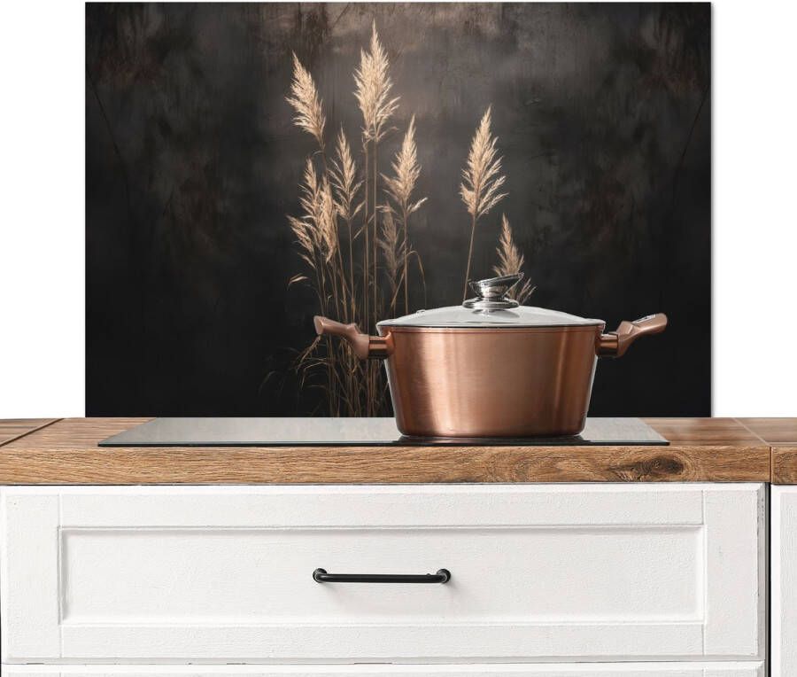 KitchenYeah Spatscherm keuken 80x55 cm Kookplaat achterwand Siergras Pluimen Verlichting Zwart Muurbeschermer Spatwand fornuis Hoogwaardig aluminium