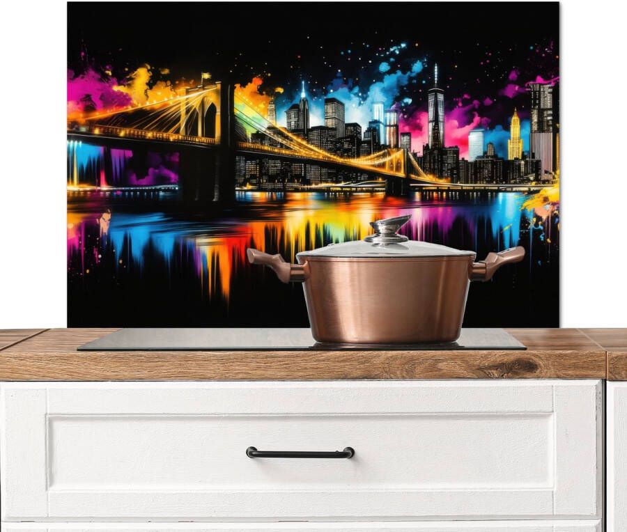 KitchenYeah Spatscherm keuken 80x55 cm Kookplaat achterwand Skyline Brug Verlichting Kleuren Muurbeschermer Spatwand fornuis Hoogwaardig aluminium