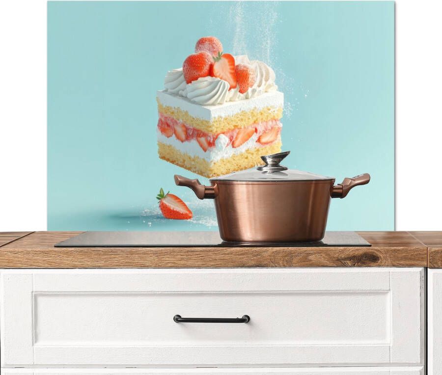 KitchenYeah Spatscherm keuken 80x55 cm Kookplaat achterwand Slagroom Taart Blauw Eten Muurbeschermer Spatwand fornuis Hoogwaardig aluminium