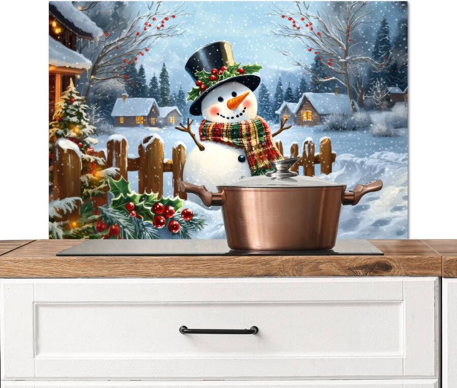 KitchenYeah Spatscherm keuken 80x55 cm Kookplaat achterwand Sneeuwpop Winterdorp Kleurrijk Muurbeschermer Spatwand fornuis Hoogwaardig aluminium