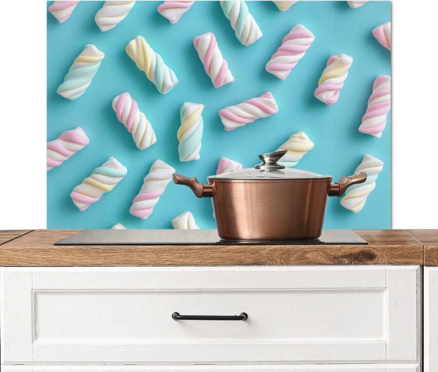 KitchenYeah Spatscherm keuken 80x55 cm Kookplaat achterwand Spekjes Pastel Snoep Blauw Muurbeschermer Spatwand fornuis Hoogwaardig aluminium