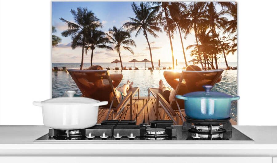 KitchenYeah Spatscherm keuken 80x55 cm Kookplaat achterwand Strand Zee Palmboom Muurbeschermer Spatwand fornuis Hoogwaardig aluminium