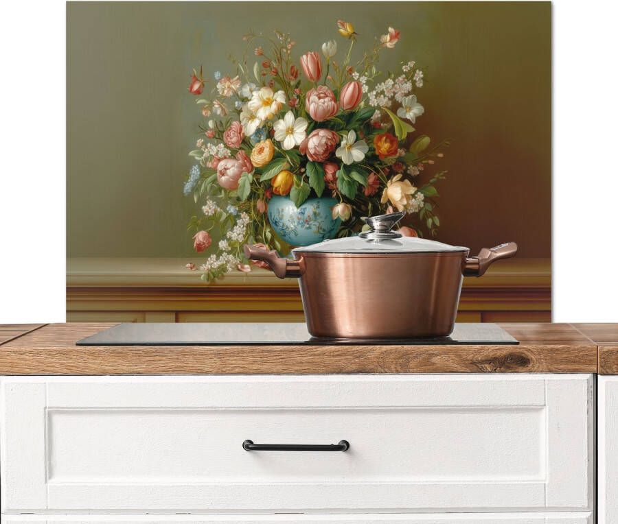 KitchenYeah Spatscherm keuken 80x55 cm Kookplaat achterwand Vaas Pastel Kleuren Bloemen Muurbeschermer Spatwand fornuis Hoogwaardig aluminium