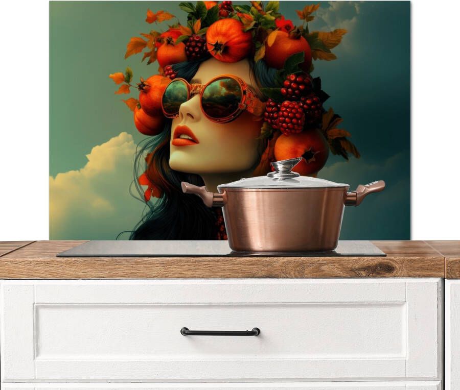 KitchenYeah Spatscherm keuken 80x55 cm Kookplaat achterwand Vrouw Granaatappel Herfst Zonnebril Muurbeschermer Spatwand fornuis Hoogwaardig aluminium