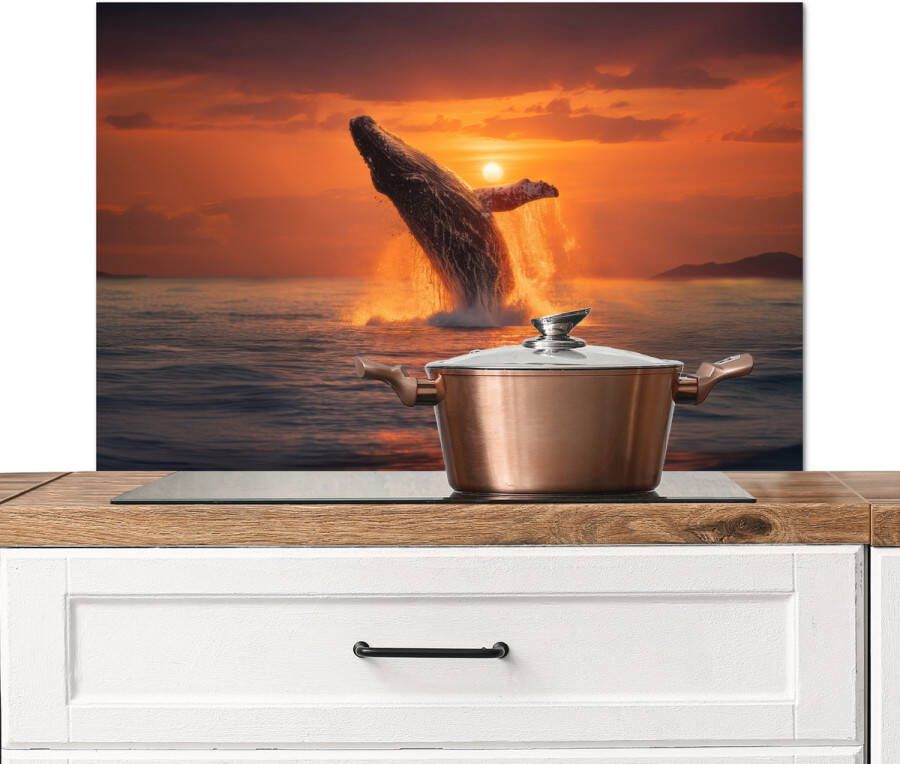 KitchenYeah Spatscherm keuken 80x55 cm Kookplaat achterwand Walvis Zon Zee Muurbeschermer Spatwand fornuis Hoogwaardig aluminium
