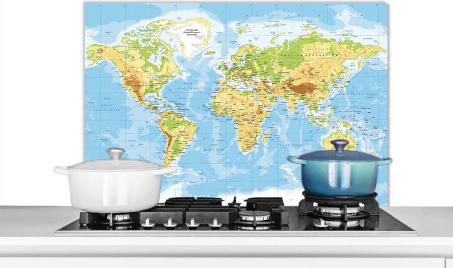 KitchenYeah Spatscherm keuken 80x55 cm Kookplaat achterwand Wereldkaart Staatkundig Blauw Aarde Educatief Muurbeschermer Spatwand fornuis Hoogwaardig aluminium