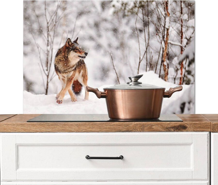 KitchenYeah Spatscherm keuken 80x55 cm Kookplaat achterwand Wolf Winter Sneeuw Natuur Dieren Muurbeschermer Spatwand fornuis Hoogwaardig aluminium