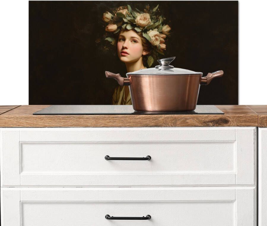 KitchenYeah Spatscherm keuken 90x45 cm Kookplaat achterwand Bloemenstilte Vrouw Portret Muurbeschermer Spatwand fornuis Hoogwaardig aluminium