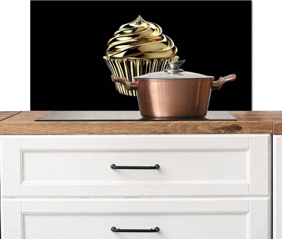 KitchenYeah Spatscherm keuken 90x45 cm Kookplaat achterwand Cupcake Eten Goud Zwart Muurbeschermer Spatwand fornuis Hoogwaardig aluminium