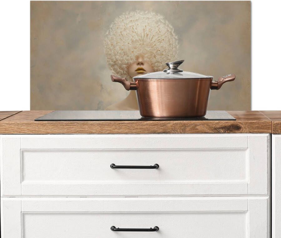 KitchenYeah Spatscherm keuken 90x45 cm Kookplaat achterwand Dromerig Beige Paardenbloemzaadjes Muurbeschermer Spatwand fornuis Hoogwaardig aluminium