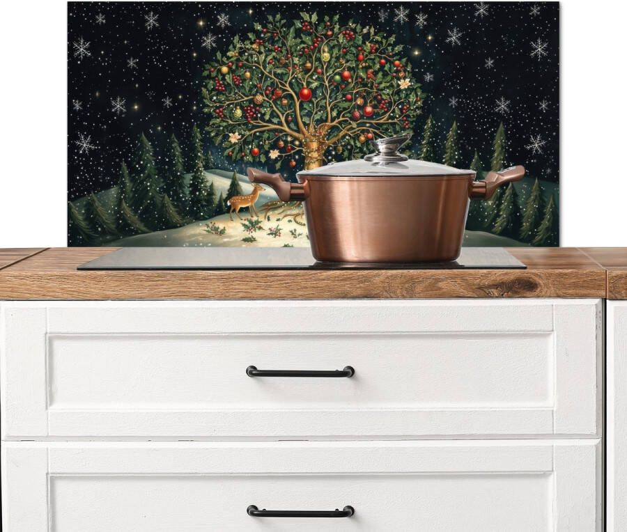 KitchenYeah Spatscherm keuken 90x45 cm Kookplaat achterwand Feestboom Winterhemel Kleurrijk Muurbeschermer Spatwand fornuis Hoogwaardig aluminium