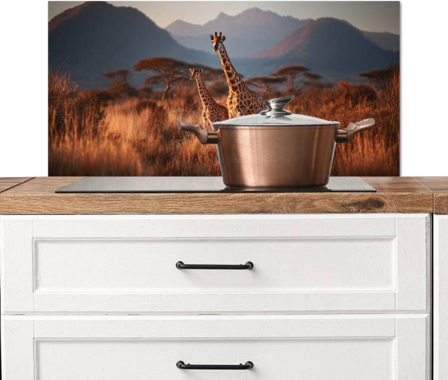 KitchenYeah Spatscherm keuken 90x45 cm Kookplaat achterwand Giraffen Hoog gras Acaciabomen Muurbeschermer Spatwand fornuis Hoogwaardig aluminium