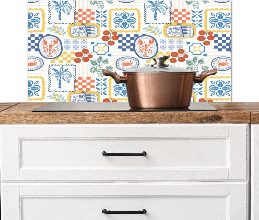 KitchenYeah Spatscherm keuken 90x45 cm Kookplaat achterwand Italiaans Zee Sfeer Tomaat Mozaïek Multi Muurbeschermer Spatwand fornuis Hoogwaardig aluminium