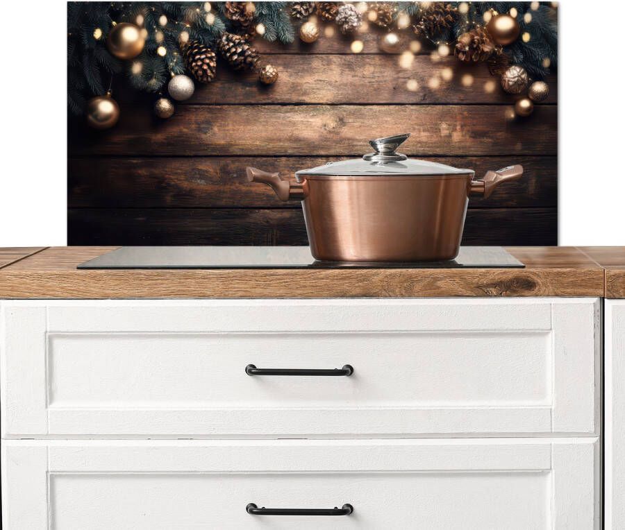 KitchenYeah Spatscherm keuken 90x45 cm Kookplaat achterwand Kerstdecoratie Houten Dennenappel Bruin Muurbeschermer Spatwand fornuis Hoogwaardig aluminium