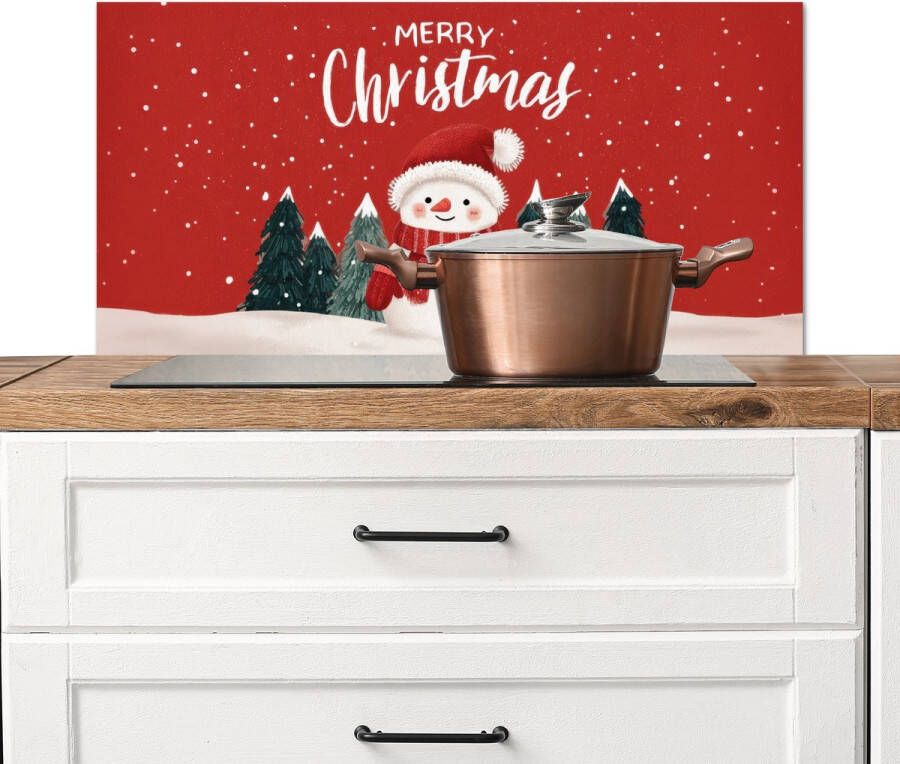 KitchenYeah Spatscherm keuken 90x45 cm Kookplaat achterwand Kerstgroet Sneeuw Rood Muurbeschermer Spatwand fornuis Hoogwaardig aluminium