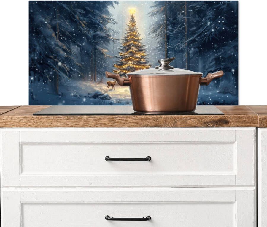 KitchenYeah Spatscherm keuken 90x45 cm Kookplaat achterwand Kerstlicht Woud Hert Donker Muurbeschermer Spatwand fornuis Hoogwaardig aluminium