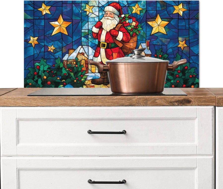 KitchenYeah Spatscherm keuken 90x45 cm Kookplaat achterwand Kerstman Glas Kleurrijk Muurbeschermer Spatwand fornuis Hoogwaardig aluminium