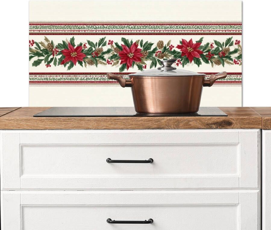 KitchenYeah Spatscherm keuken 90x45 cm Kookplaat achterwand Kerststrook Poinsettia Rood Groen Muurbeschermer Spatwand fornuis Hoogwaardig aluminium