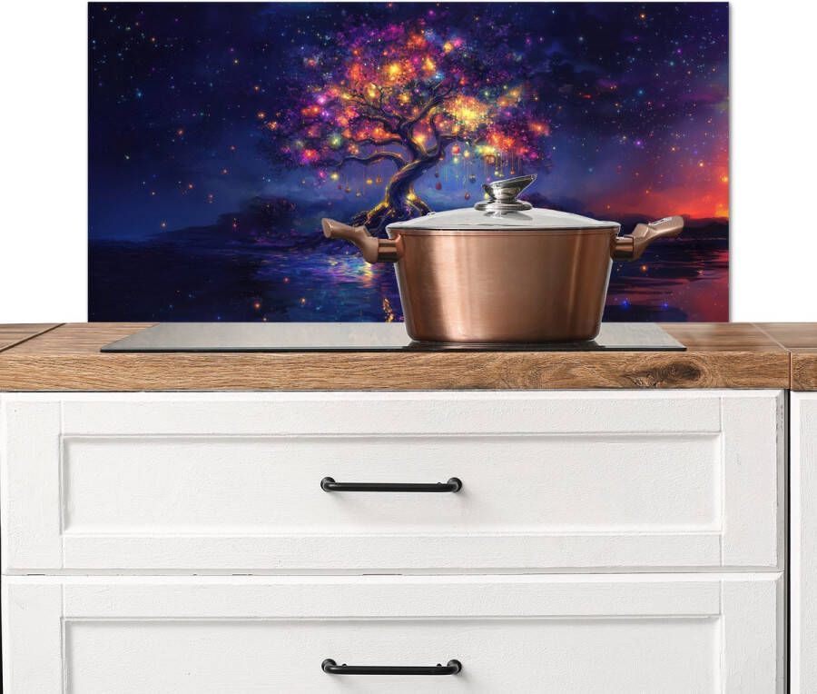 KitchenYeah Spatscherm keuken 90x45 cm Kookplaat achterwand Kosmisch lichtboom Kerst Kleurrijk Muurbeschermer Spatwand fornuis Hoogwaardig aluminium