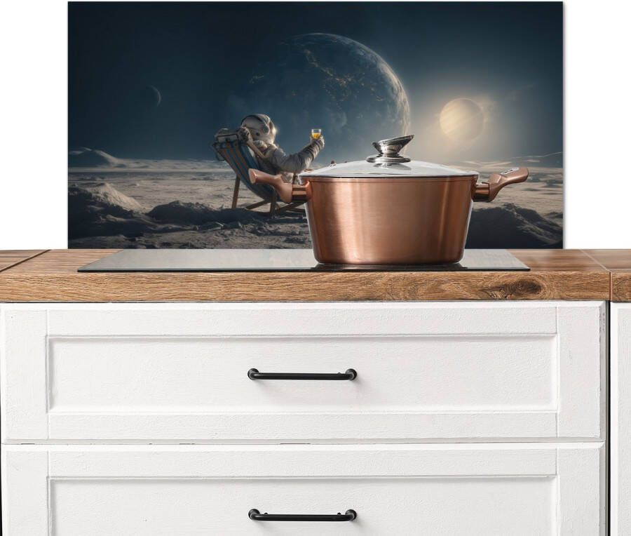 KitchenYeah Spatscherm keuken 90x45 cm Kookplaat achterwand Maan Kat Astronaut Ruimte Muurbeschermer Spatwand fornuis Hoogwaardig aluminium