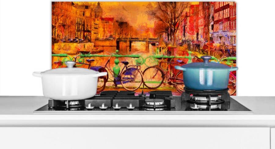 KitchenYeah Spatscherm keuken 90x45 cm Kookplaat achterwand Schilderij Fiets Amsterdam Gracht Olieverf Muurbeschermer Spatwand fornuis Hoogwaardig aluminium