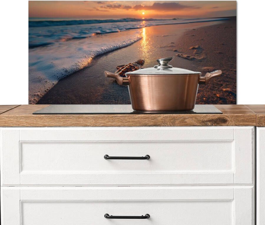 KitchenYeah Spatscherm keuken 90x45 cm Kookplaat achterwand Schildpad strand Zonsondergang Muurbeschermer Spatwand fornuis Hoogwaardig aluminium