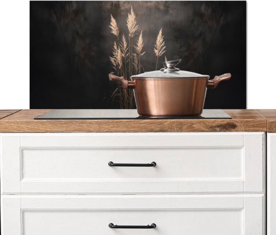 KitchenYeah Spatscherm keuken 90x45 cm Kookplaat achterwand Siergras Pluimen Verlichting Zwart Muurbeschermer Spatwand fornuis Hoogwaardig aluminium