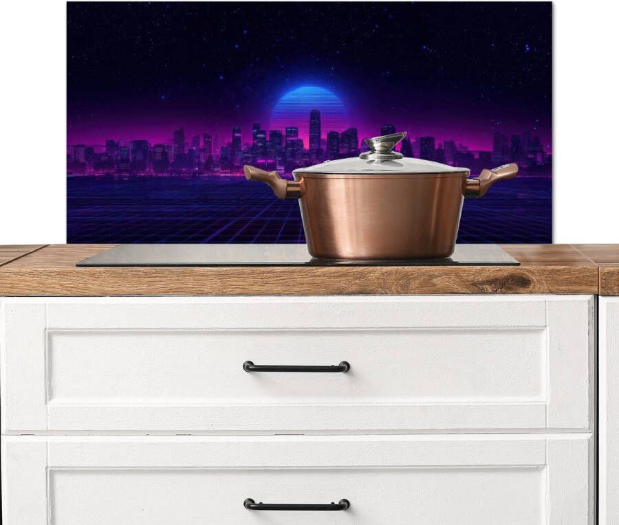 KitchenYeah Spatscherm keuken 90x45 cm Kookplaat achterwand Skyline Zon Neon Rasterpatroon Muurbeschermer Spatwand fornuis Hoogwaardig aluminium