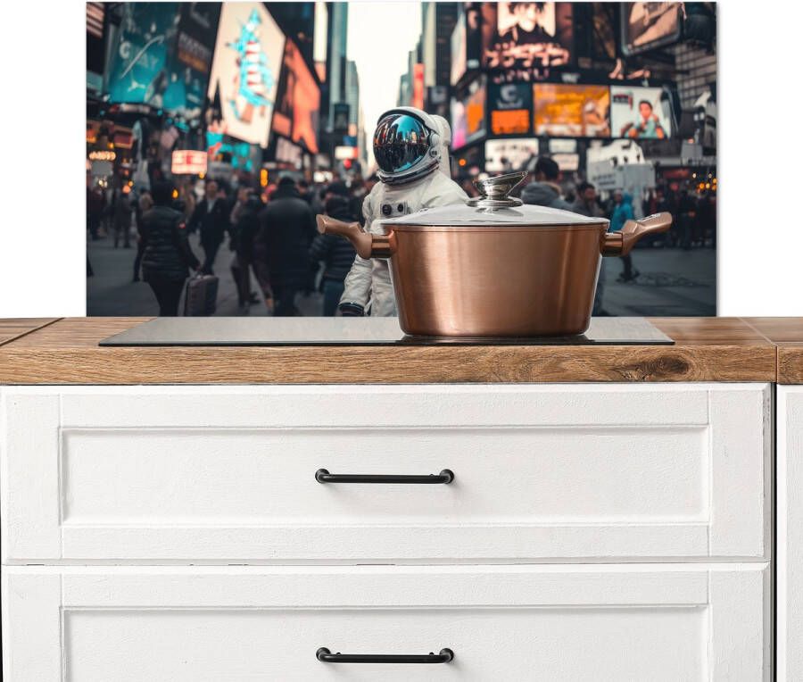 KitchenYeah Spatscherm keuken 90x45 cm Kookplaat achterwand Stad Mensen Astronaut Wit Muurbeschermer Spatwand fornuis Hoogwaardig aluminium