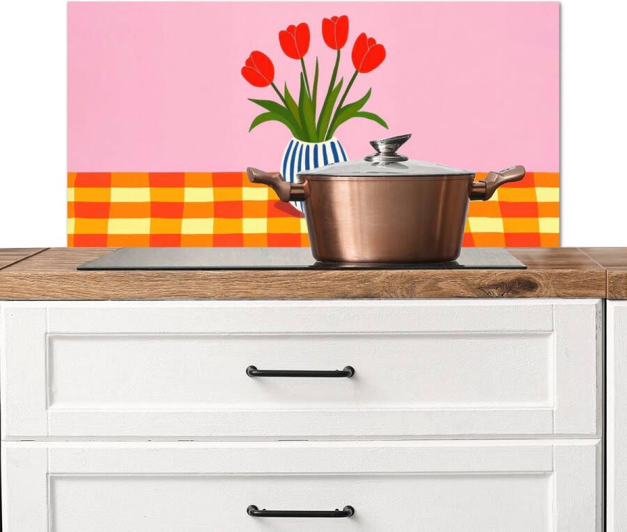 KitchenYeah Spatscherm keuken 90x45 cm Kookplaat achterwand Tulpen Roze Vaas Muurbeschermer Spatwand fornuis Hoogwaardig aluminium