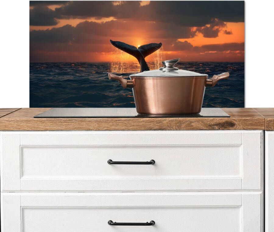 KitchenYeah Spatscherm keuken 90x45 cm Kookplaat achterwand Walvis staart Water Zonsondergang Muurbeschermer Spatwand fornuis Hoogwaardig aluminium