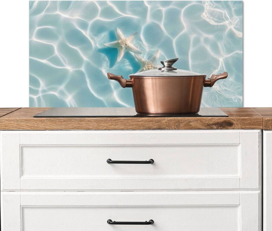 KitchenYeah Spatscherm keuken 90x45 cm Kookplaat achterwand Zeesterren Golvend water Rustgevend Muurbeschermer Spatwand fornuis Hoogwaardig aluminium