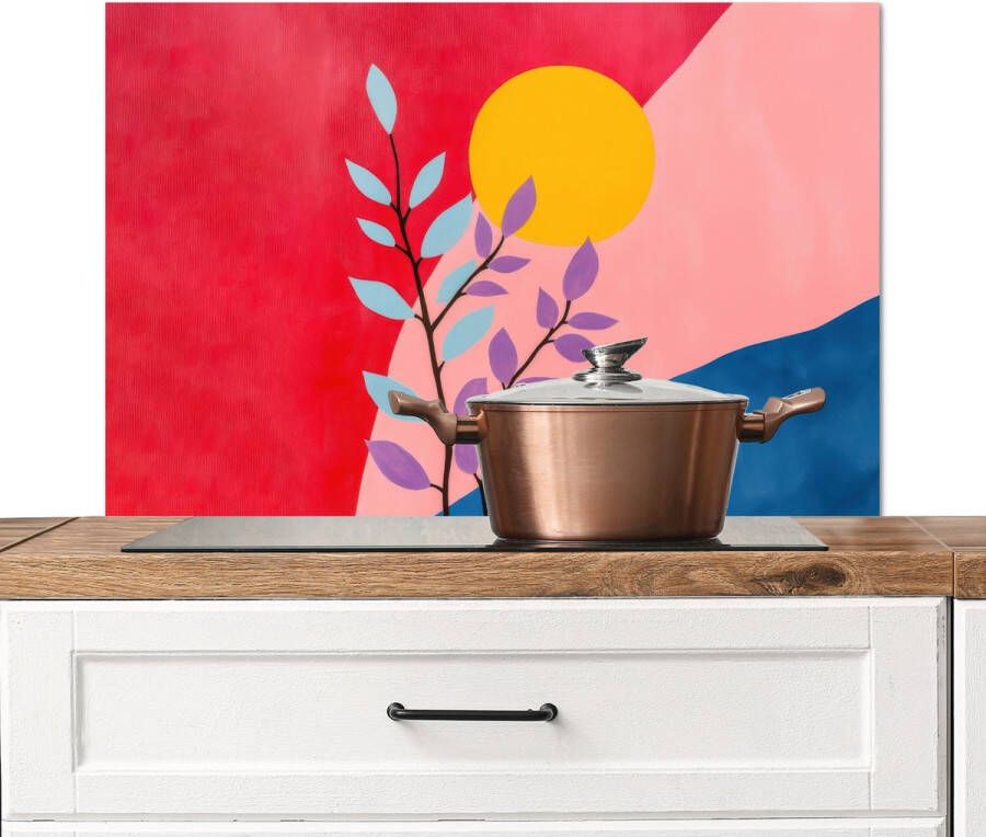 KitchenYeah Spatscherm keuken 90x60 cm Kookplaat achterwand Bladeren Zon Abstracte vormen Muurbeschermer Spatwand fornuis Hoogwaardig aluminium