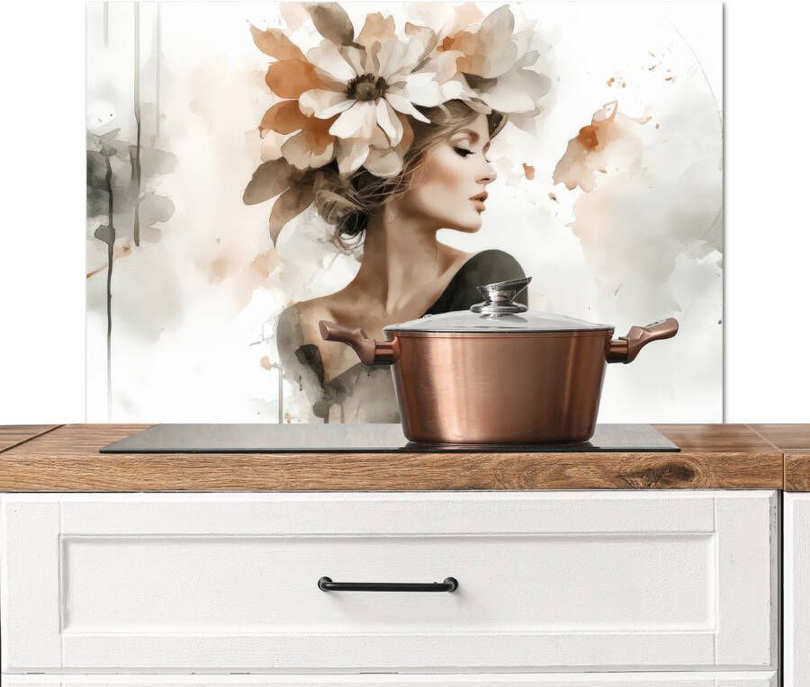 KitchenYeah Spatscherm keuken 90x60 cm Kookplaat achterwand Bloesem Portret Gezicht Muurbeschermer Spatwand fornuis Hoogwaardig aluminium