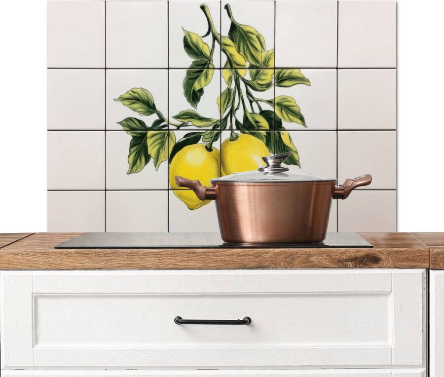 KitchenYeah Spatscherm keuken 90x60 cm Kookplaat achterwand Citroen Decoratie Keramiek Takken Muurbeschermer Spatwand fornuis Hoogwaardig aluminium