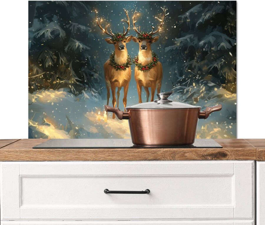 KitchenYeah Spatscherm keuken 90x60 cm Kookplaat achterwand Dennensprookje Rendier Nacht Muurbeschermer Spatwand fornuis Hoogwaardig aluminium