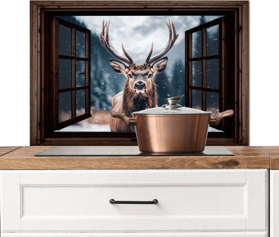 KitchenYeah Spatscherm keuken 90x60 cm Kookplaat achterwand Doorkijk Hert Dieren Landschap Winter Sneeuw Landelijk Muurbeschermer Spatwand fornuis Hoogwaardig aluminium