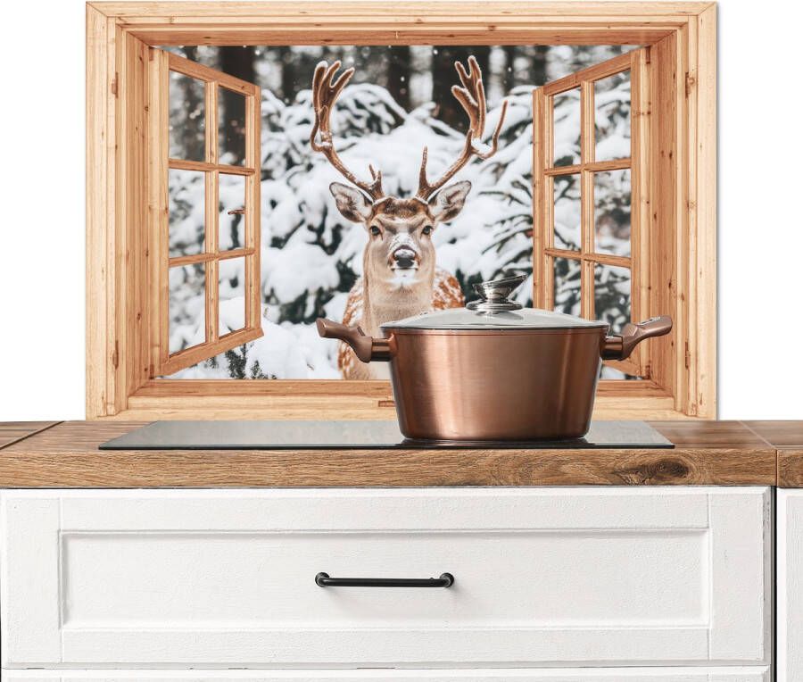 KitchenYeah Spatscherm keuken 90x60 cm Kookplaat achterwand Doorkijk Hert Sneeuw Winter Bos Dieren Muurbeschermer Spatwand fornuis Hoogwaardig aluminium