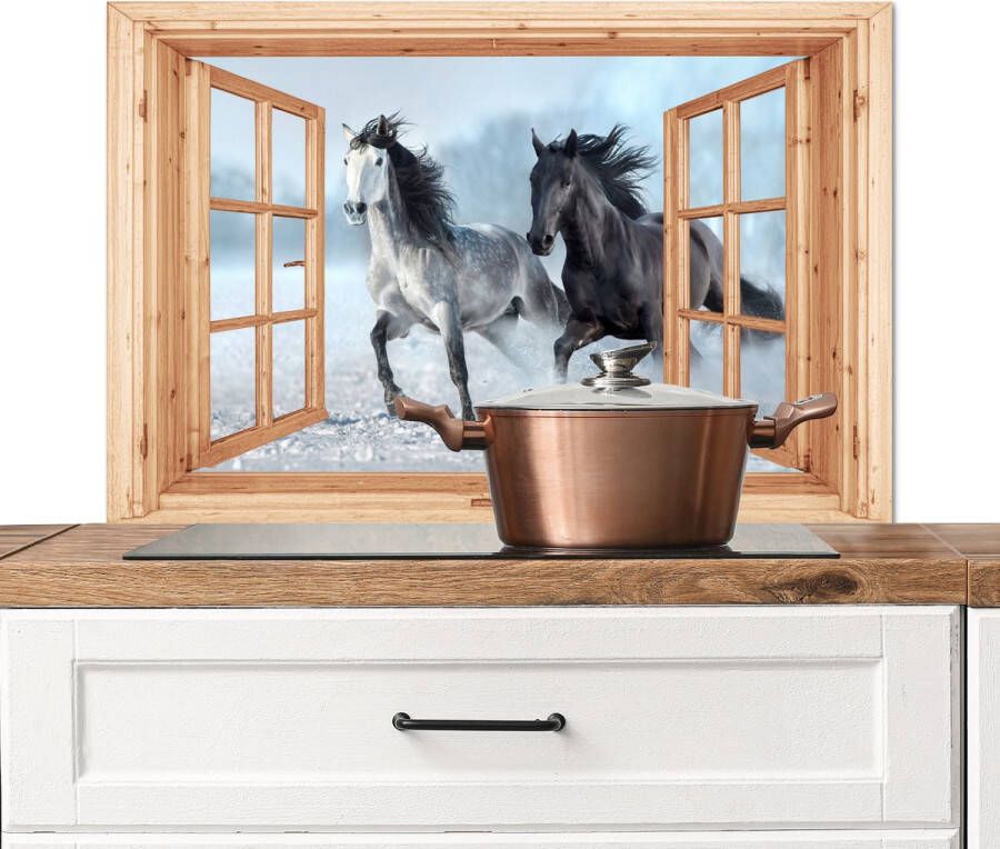 KitchenYeah Spatscherm keuken 90x60 cm Kookplaat achterwand Doorkijk Paarden Winter Dieren Natuur Hout Muurbeschermer Spatwand fornuis Hoogwaardig aluminium