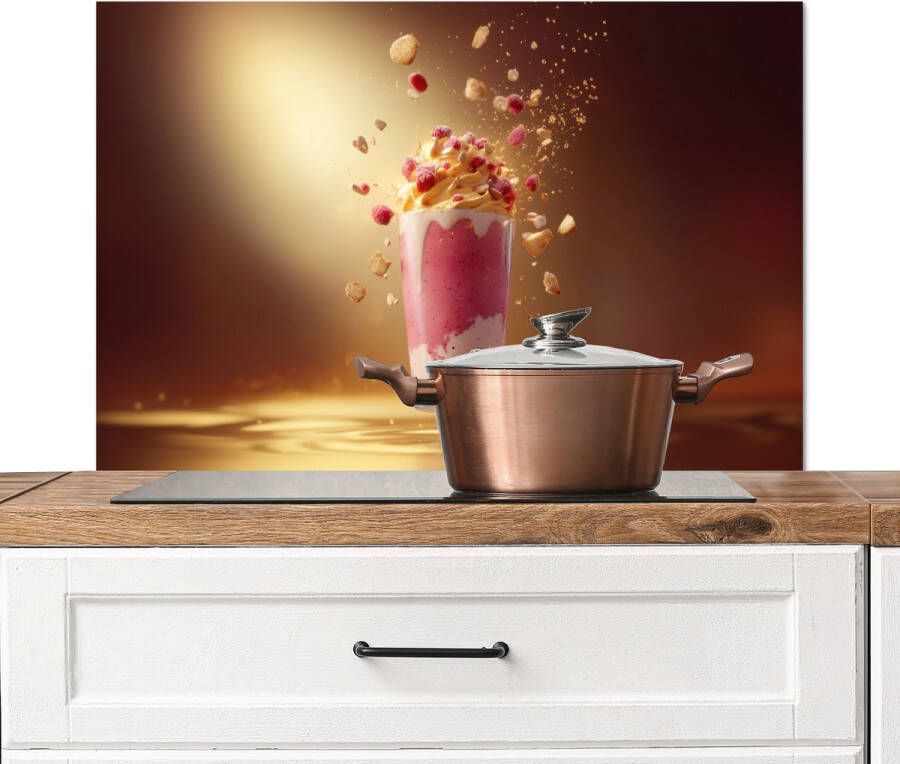 KitchenYeah Spatscherm keuken 90x60 cm Kookplaat achterwand Framboos Smoothie Drinken Roze Muurbeschermer Spatwand fornuis Hoogwaardig aluminium