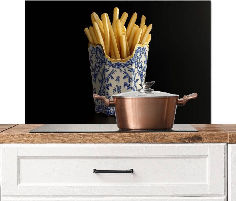 KitchenYeah Spatscherm keuken 90x60 cm Kookplaat achterwand Friet Porselein Delfts blauw Eten Muurbeschermer Spatwand fornuis Hoogwaardig aluminium