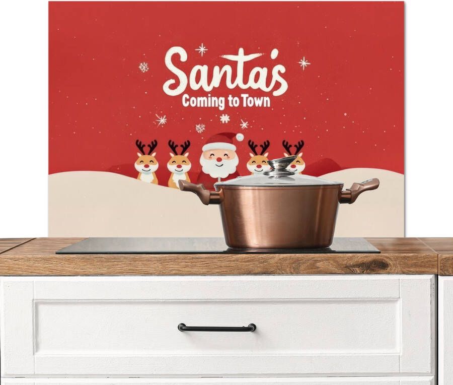 KitchenYeah Spatscherm keuken 90x60 cm Kookplaat achterwand Illustratie Kerstman Rendieren Rood Muurbeschermer Spatwand fornuis Hoogwaardig aluminium