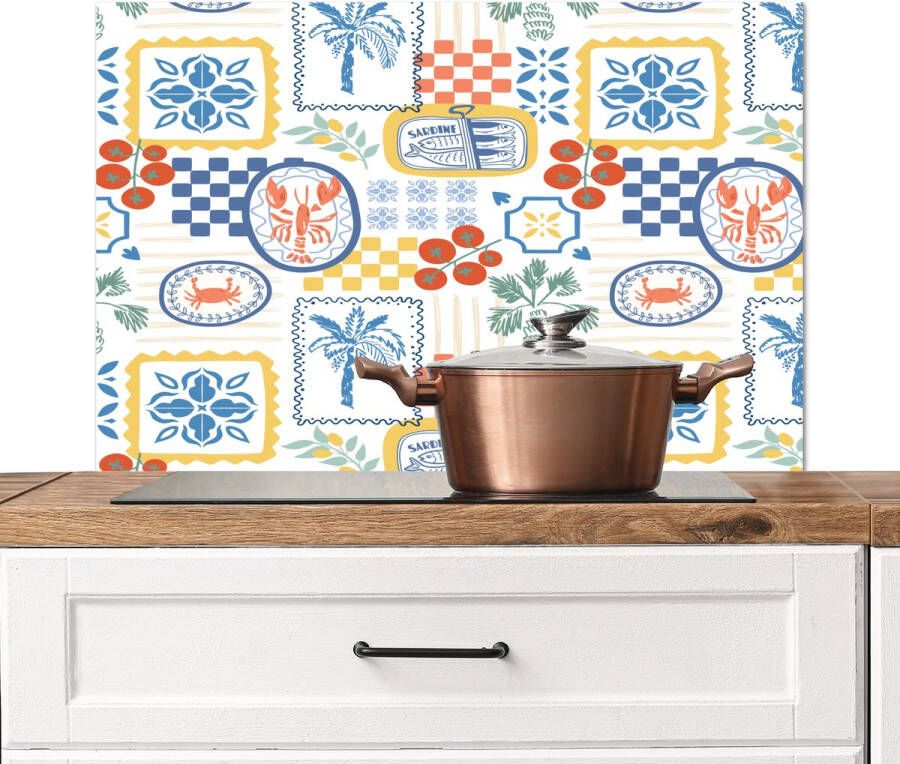 KitchenYeah Spatscherm keuken 90x60 cm Kookplaat achterwand Italiaans Zee Sfeer Tomaat Mozaïek Multi Muurbeschermer Spatwand fornuis Hoogwaardig aluminium