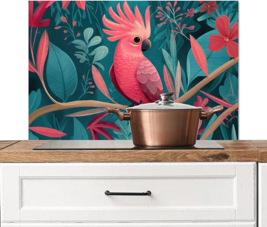 KitchenYeah Spatscherm keuken 90x60 cm Kookplaat achterwand Kaketoe Tropische bladeren Tak Muurbeschermer Spatwand fornuis Hoogwaardig aluminium