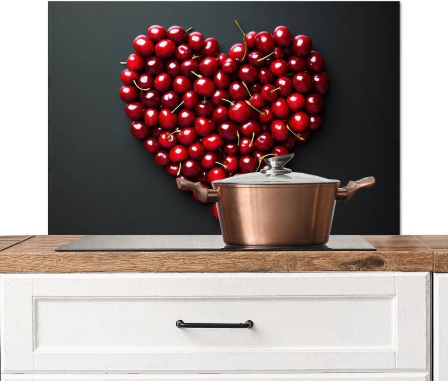 KitchenYeah Spatscherm keuken 90x60 cm Kookplaat achterwand Kersen Hart Rood Zwart Muurbeschermer Spatwand fornuis Hoogwaardig aluminium